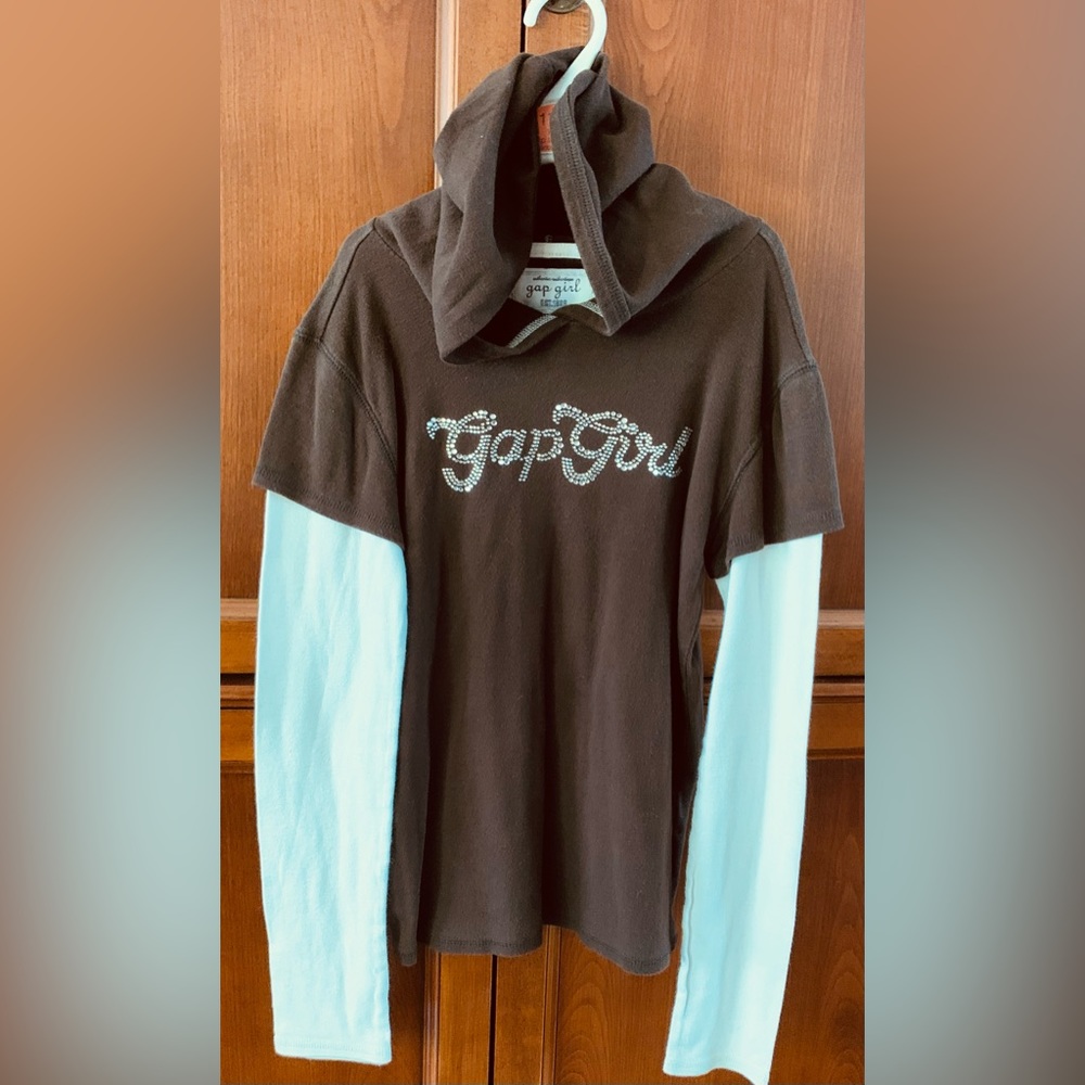 Gap cotton shirt with hoodie long sleeves brown & cream beige sparkling logo 14